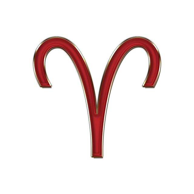 a red and gold zodiac sign on a black background, a digital rendering, art deco, shepherd's crook, appetizing, ram horns, above view