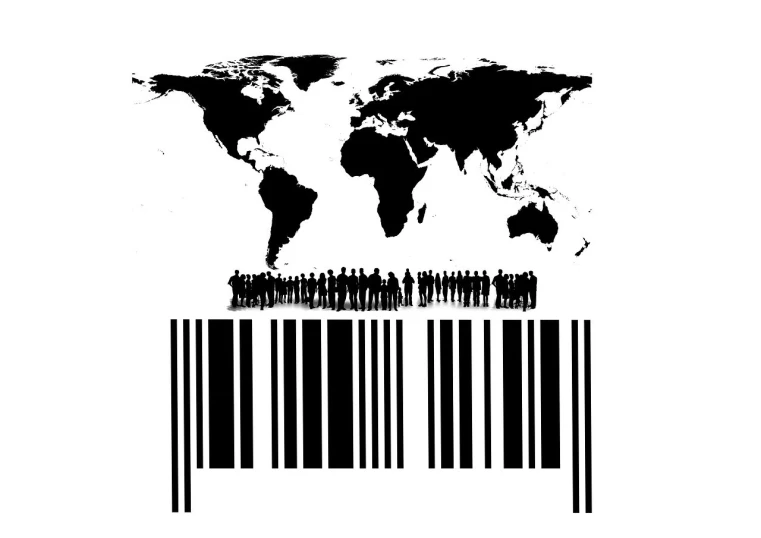 a barcode with a map of the world on it, an illustration of, by Ramón Silva, conceptual art, crowded silhouettes, totalitarian dystopia, very known photo, dsrl photo