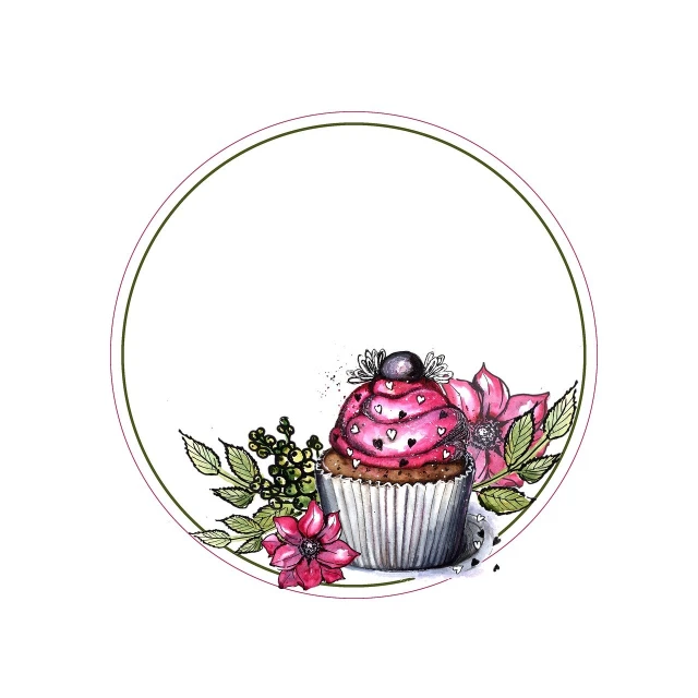 a cupcake with pink frosting surrounded by flowers, process art, beautiful high resolution, rondel, flower frame, ink