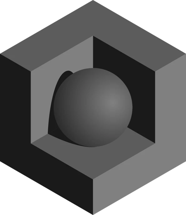an object with a sphere inside of it, polycount, optical illusion, hexagon, gray scale, rectangular, opengl