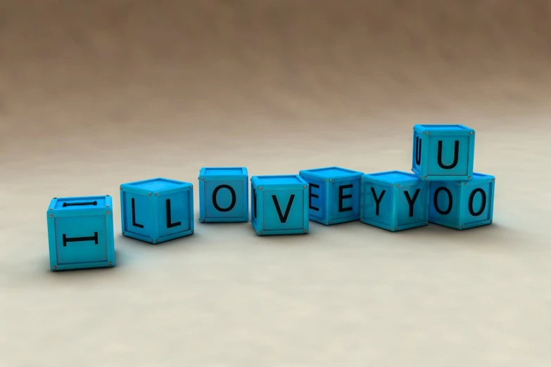 a couple of cubes that say i love you, a picture, by Andrew Domachowski, blue colored, well done picture high quality, header, grey-eyed
