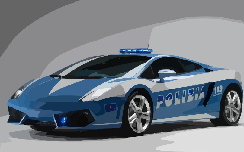 a blue and white police car with its lights on, vector art, by Thomas Dalziel, pixiv, conceptual art, bold lamborghini style, super realistic painting style, italian, wide screenshot