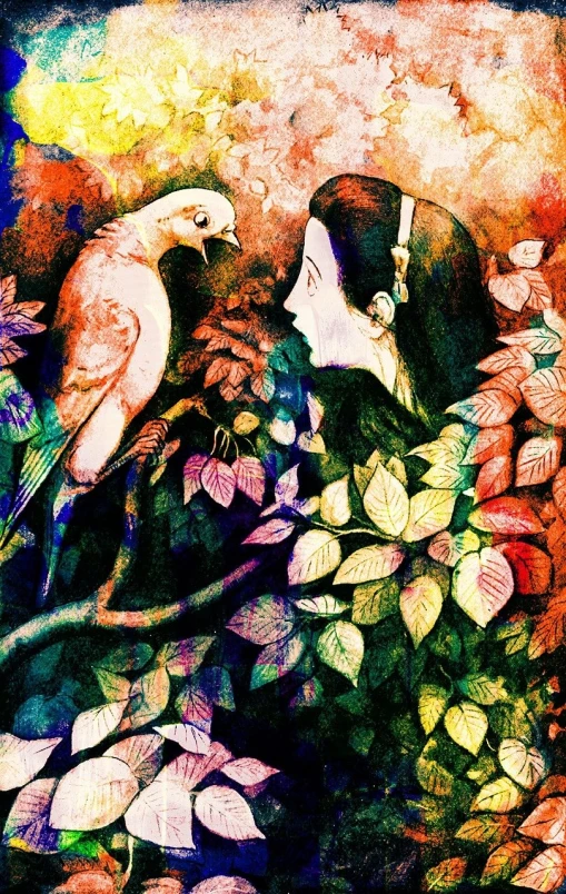 a couple of birds sitting on top of a tree branch, a storybook illustration, inspired by Yanagawa Shigenobu, tumblr, goddess of autumn, innocent look. rich vivid colors, she is eating a peach, mixed media illustration