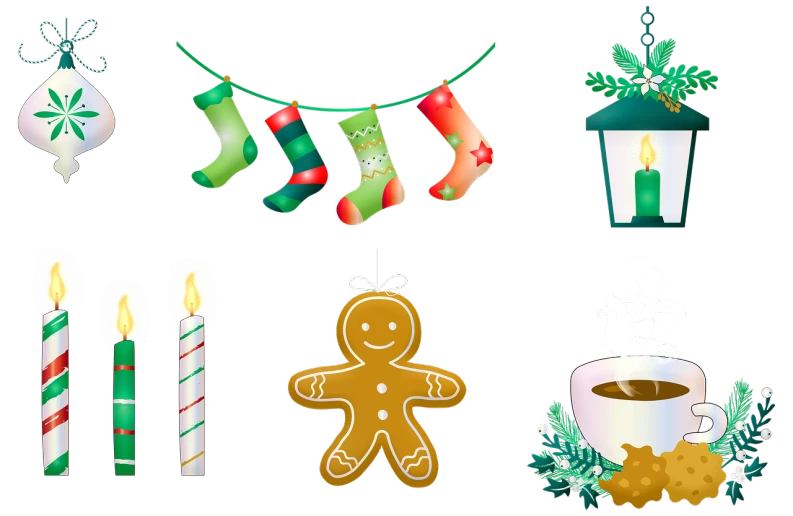 a collection of christmas items on a black background, a digital rendering, inspired by Masamitsu Ōta, trending on pixabay, naive art, candlelit, gingerbread people, no gradients, banner