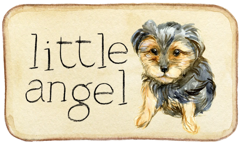 a painting of a small dog with the words little angel written on it, by Juliette Wytsman, digital art, website banner, michael angelo, product label, top angle