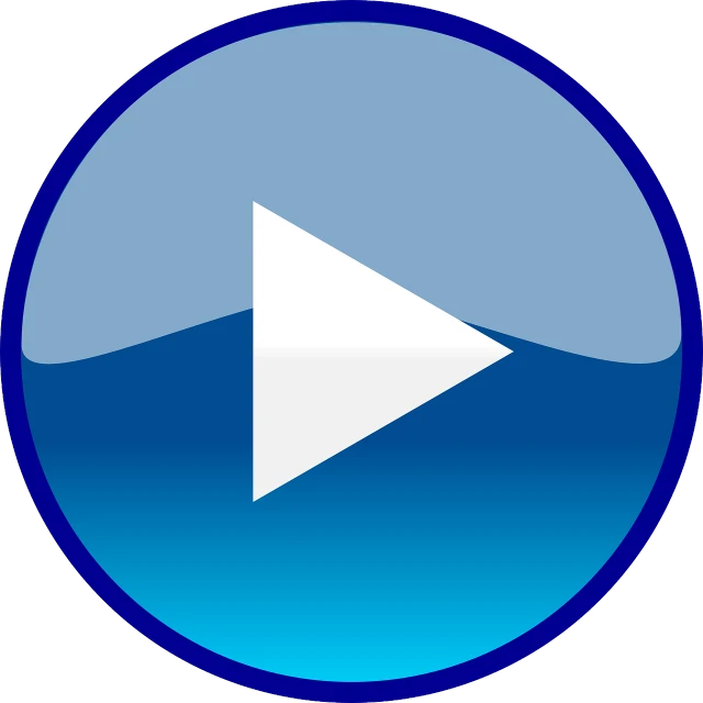 a blue button with a white arrow on it, a picture, video art, clipart, play, warm, horn