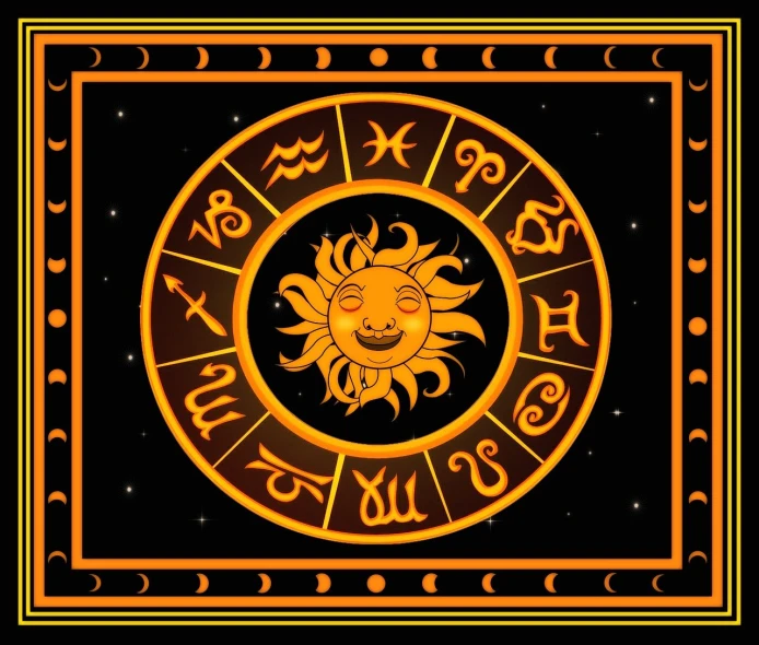 a zodiac sign with a sun in the middle, a digital rendering, inspired by Xul Solar, renaissance, on a flat color black background, very very happy, swirling around, hieroglyphic signs