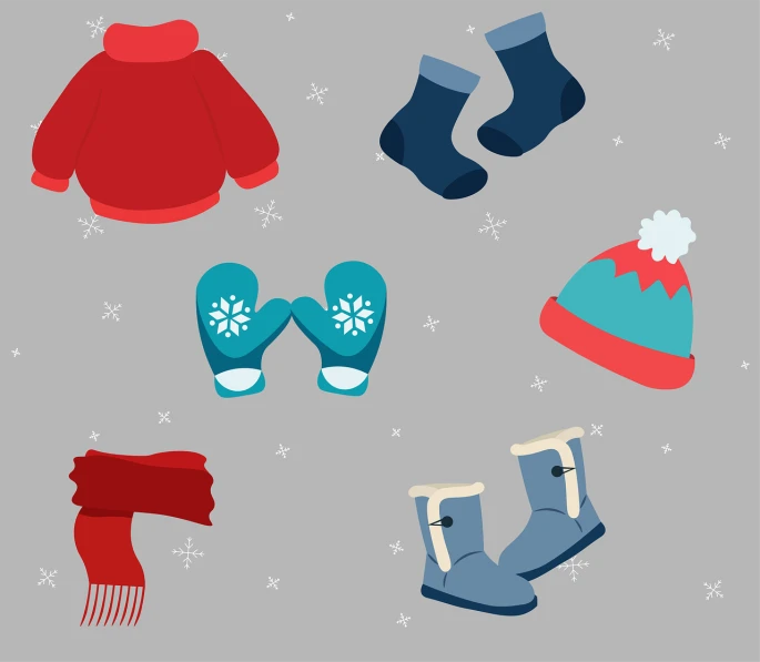 a collection of winter clothing and accessories on a gray background, a cartoon, blue and red color scheme, socks, winter storm, star