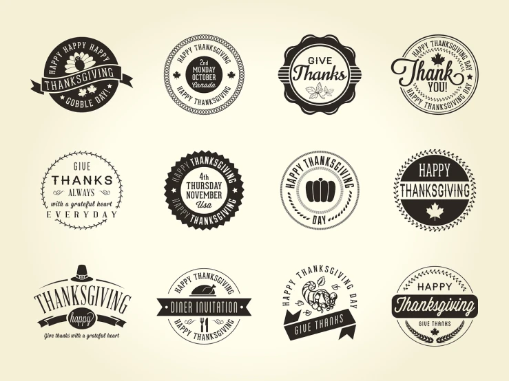 a collection of vintage thanksgiving labels and stickers, by Randy Post, shutterstock, international typographic style, circle design, simple and clean illustration, black, sticker illustration