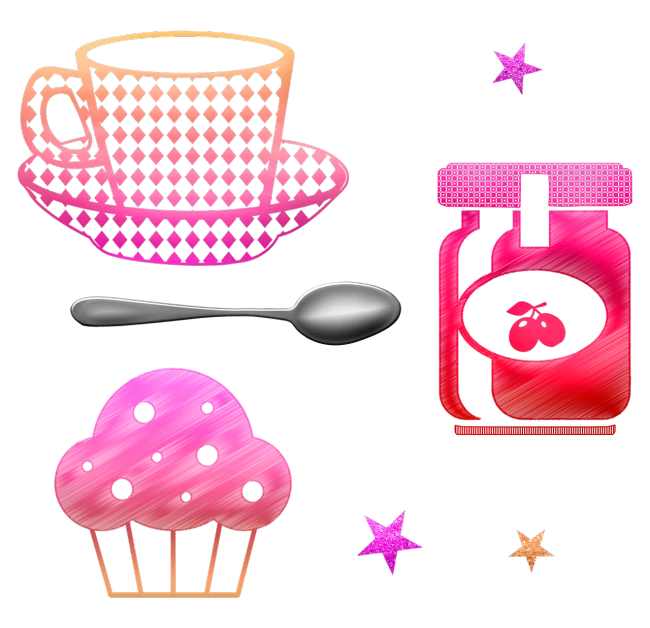 a collection of food items on a black background, a digital rendering, inspired by Zsuzsa Máthé, pop art, ((pink)), coffee and stars background, siluette, spoon