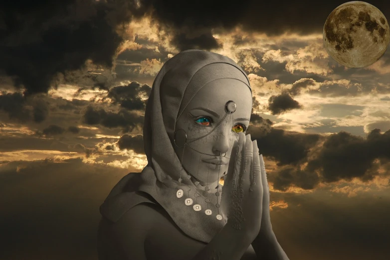 a woman holding her hands to her face with a full moon in the background, a statue, inspired by Igor Morski, zbrush central contest winner, surrealism, turban, sunset and big clouds behind her, burka, gray anthropomorphic