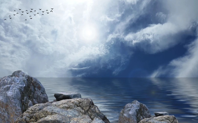 a group of birds flying over a body of water, a matte painting, pixabay contest winner, romanticism, rocks, partly cloudy day, beautiful composition 3 - d 4 k, storm sky