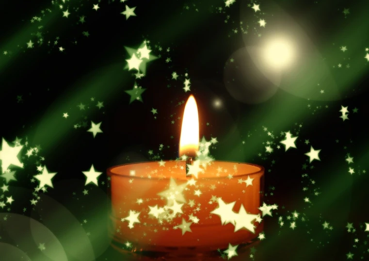 a lit candle with stars in the background, digital art, distant photo, a green, stars background, uploaded