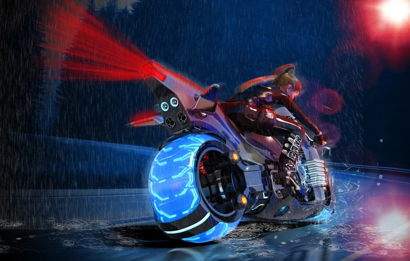 a man riding on the back of a motorcycle in the rain, by senior environment artist, zbrush central contest winner, futurism, tron legacy jesus christ, red and cinematic lighting, photo - shot, speeder