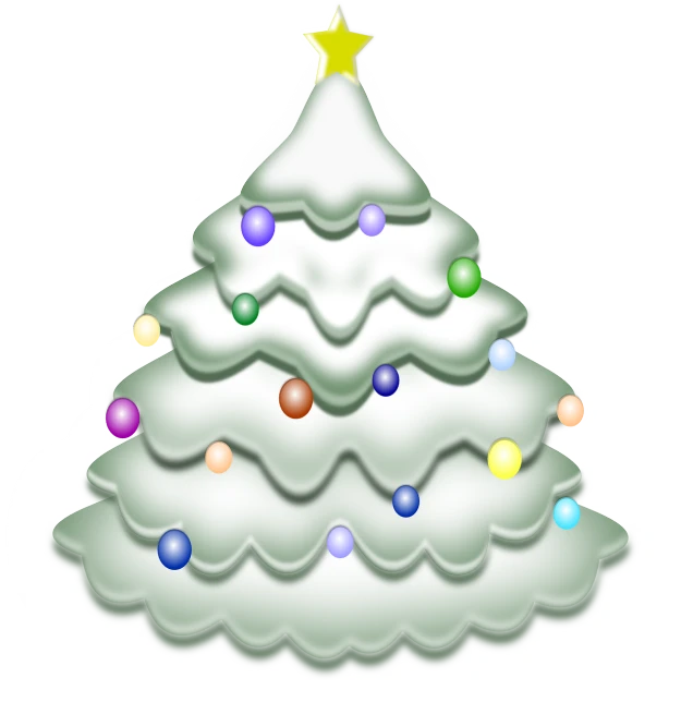 a christmas tree with a star on top of it, a pastel, sōsaku hanga, white pearlescent, cel shaded, hight decorated, (snow)