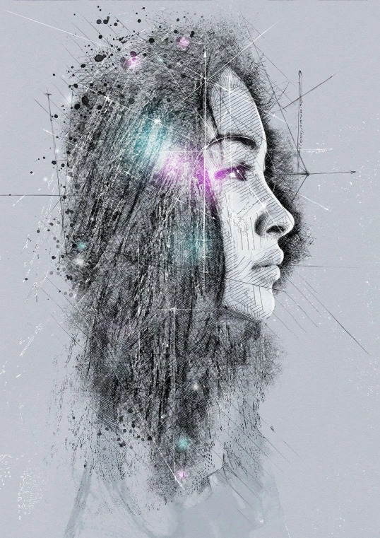 a black and white drawing of a woman's face, digital art, by Adam Marczyński, behance contest winner, digital art, holographic design, side - profile painted portrait, mixed media style illustration, rough color pencil illustration