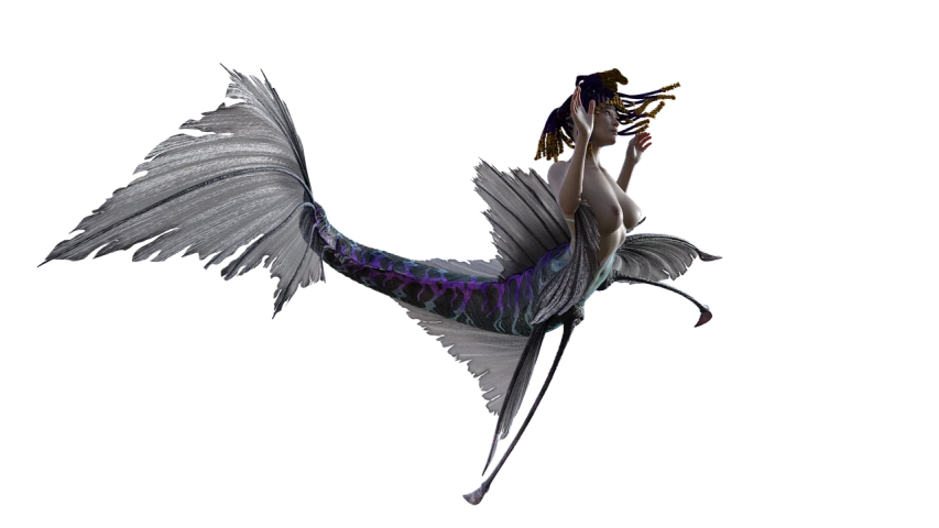 a woman in a mermaid costume flying through the air, by Howard Butterworth, zbrush central contest winner, conceptual art, on black background, side-view. highly detailed, made from million point clouds, fish tail