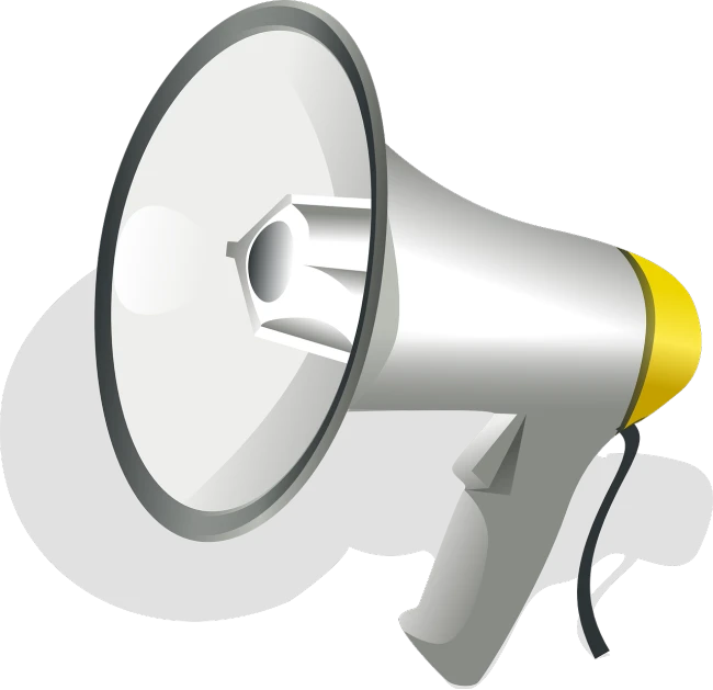 a white and yellow megaphone on a black background, an illustration of, silver, wikihow illustration, horn, front left speaker