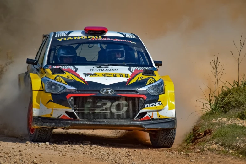 a rally car driving on a dirt road, by Francesco Raibolini, red yellow black, ayanamikodon and irakli nadar, right side composition, technical atmosphere