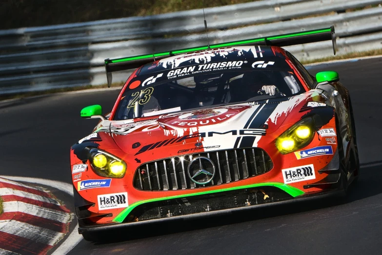 a race car driving on a race track, a picture, shin hanga, mercedes, red green white black, jakub gazmercik, phone background