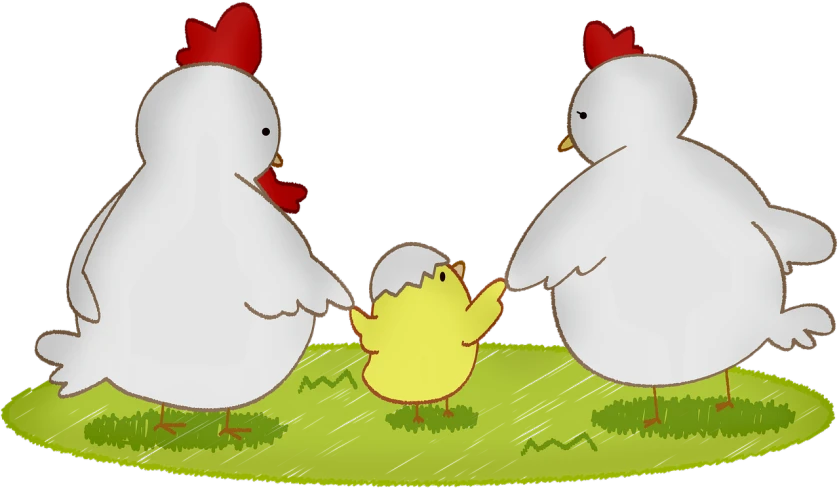 a couple of chickens that are standing in the grass, an illustration of, by Ingrida Kadaka, pixabay, conceptual art, toddler, trio, with a black background, talking