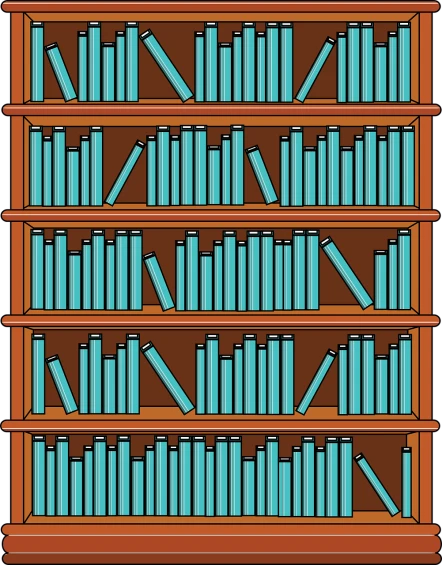 a book shelf filled with lots of books, an illustration of, by Andrei Kolkoutine, naive art, brown and cyan color scheme, high detail illustration, a wide full shot, free