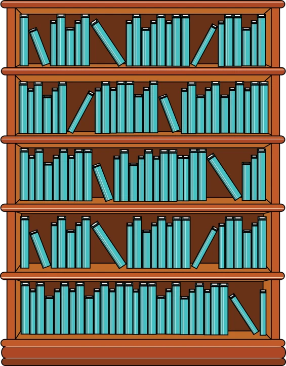 a book shelf filled with lots of books, an illustration of, by Andrei Kolkoutine, naive art, brown and cyan color scheme, high detail illustration, a wide full shot, free