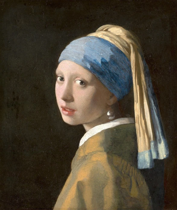 a painting of a girl with a pearl earring, by Johannes Vermeer, renaissance, teenage girl, blue-eyed, krenzcushart, wearing a turban