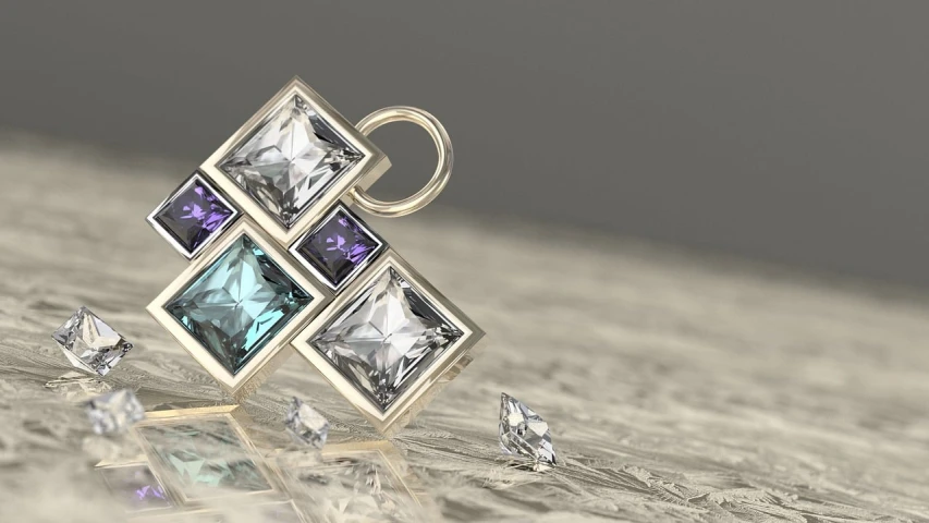 a pair of earrings sitting on top of a table, concept art, trending on cg society, crystal cubism, close up shot of an amulet, “diamonds, houdini 3 d render, gem tones