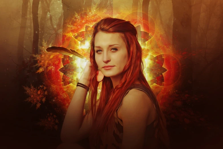 a woman with red hair posing for a picture, digital art, pixabay contest winner, digital art, beautiful young female shaman, sophie turner, the solarpunk phoenix, profile picture 1024px