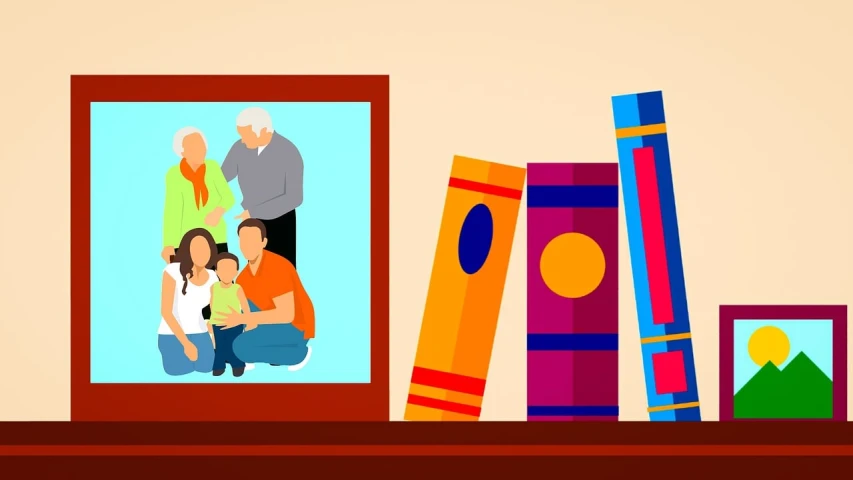 a picture of a family and books on a shelf, a digital rendering, by senior artist, pixabay, tv still frame, photography of kurzgesagt, shaped picture, high definition screenshot