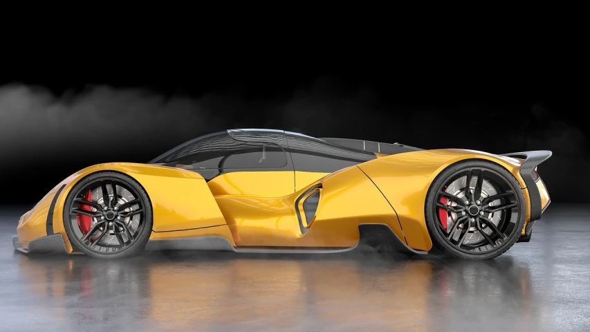 a yellow sports car sitting on top of a floor, a 3D render, inspired by Aleksander Gierymski, trending on zbrush central, conceptual art, badass batmobile car design, aerodynamic, houdini-hard-surface, lamborghini