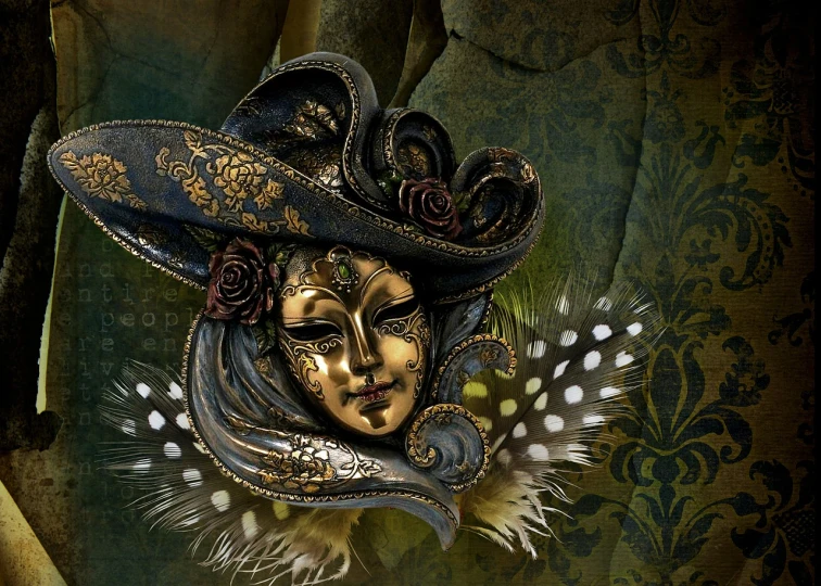 a close up of a mask with feathers, digital art, fantasy art, baroque wallpaper, tricorn hat, fantasy italy, very ornate