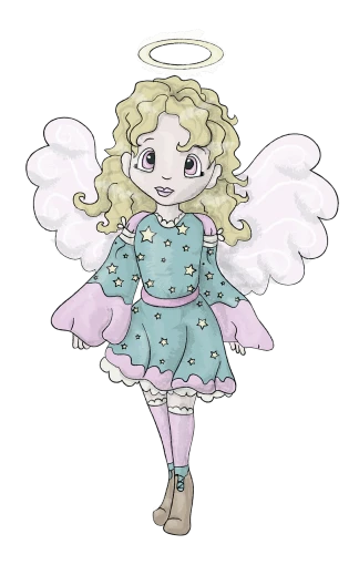 a drawing of a little girl with angel wings, a digital rendering, inspired by Marie Angel, deviantart contest winner, full - body - front - shot, colourised, twirly, night!