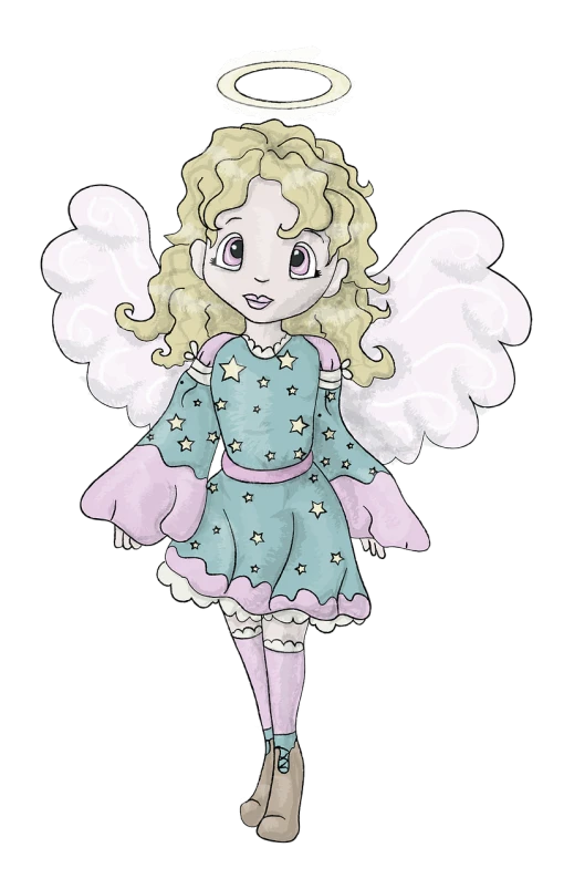 a drawing of a little girl with angel wings, a digital rendering, inspired by Marie Angel, deviantart contest winner, full - body - front - shot, colourised, twirly, night!