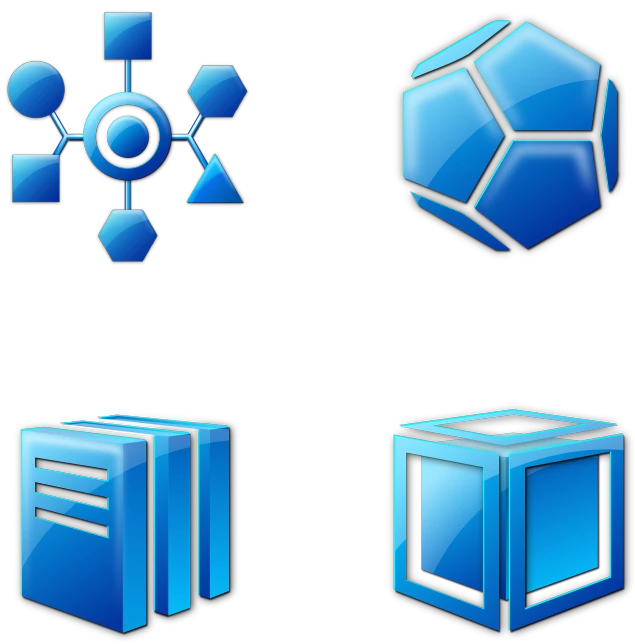 a set of blue icons on a white background, by Aleksander Gierymski, deviantart, computer art, hypercube, product introduction photo, color picture, crystal nodes