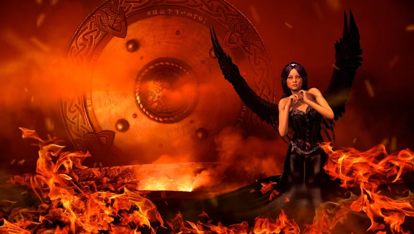 a woman in a black dress surrounded by flames, digital art, inspired by Luis Royo, fantasy art, on background red lake on fire, yennefer of vengerberg, raven angel wings, daz3d