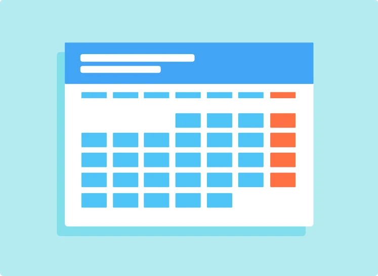 a calendar icon on a blue background, by Andrei Kolkoutine, visual art, flat colors and strokes, cyan and orange palette. vivid, grid and web, blue and red color palette