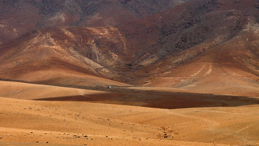 a lone horse standing in the middle of a desert, a tilt shift photo, by Peter Churcher, flickr, les nabis, visible from afar!!, neo - andean architecture, hillside desert pavilion, jeep in background