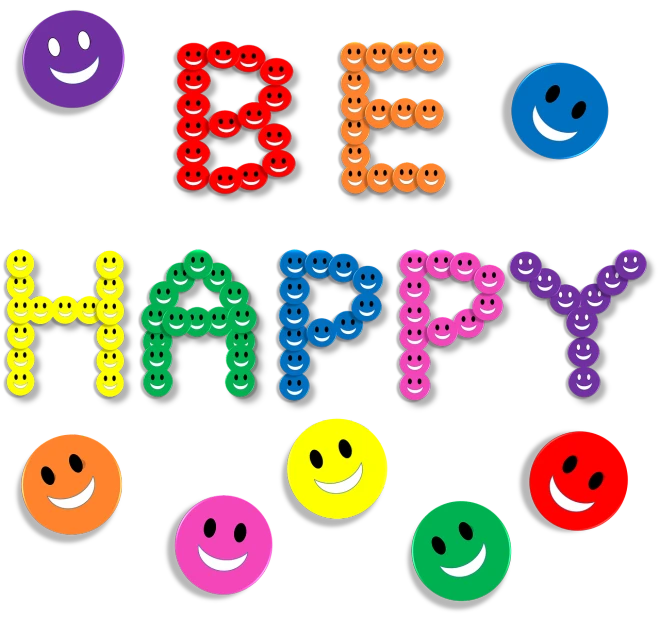 the word happy spelled with smiley faces on a black background, by Tadashi Nakayama, pixabay, colorful ben day dots, clipart icon, beads, cheerful atmosphere