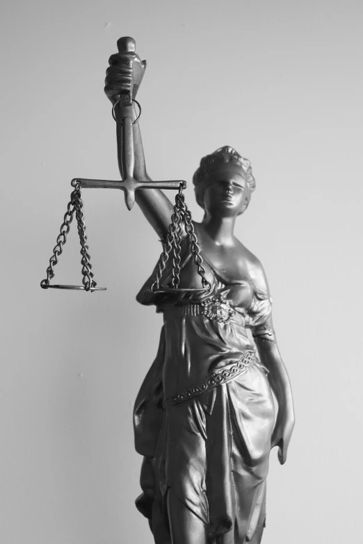 a statue of lady justice holding a scale, by Matija Jama, grey - scale, tripod, shoulder, royal commission