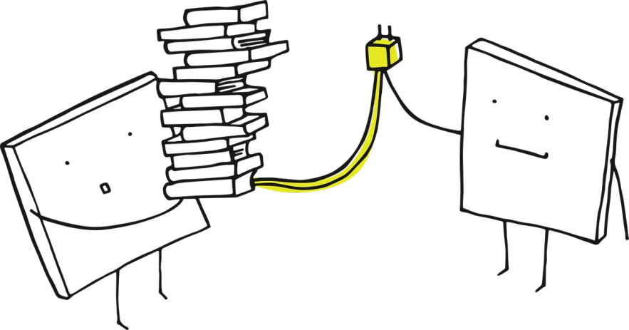 a drawing of a stack of books connected to a computer, inspired by Michael Deforge, yellow lanterns, on a black wall, banana, !!! very coherent!!! vector art