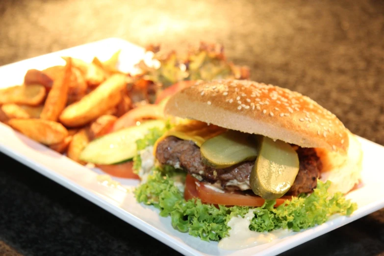 a hamburger and fries on a plate on a table, a picture, by Adam Manyoki, big!!!!!!!!!!!!, professional food photo, realistic footage, épaule devant pose