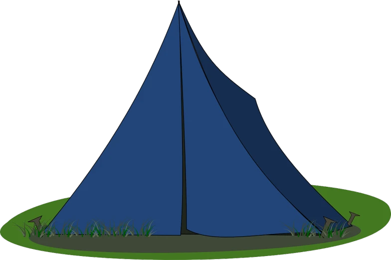 a blue tent sitting on top of a lush green field, an illustration of, pixabay, sōsaku hanga, side view centered, eye - level medium - angle shot, dark blue color, cone shaped