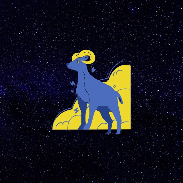 a blue dog standing on top of a yellow object, concept art, inspired by Petros Afshar, trending on unsplash, sots art, aries fiery ram tarot, andy milonakis as a goat, in a space starry, minimalist logo without text