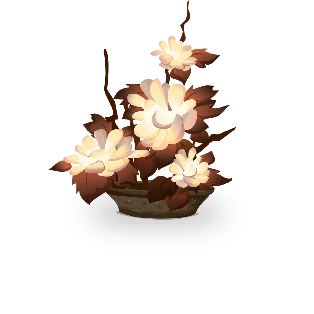 a vase filled with white flowers on top of a table, a digital painting, polycount, sōsaku hanga, torchlight. sketch art. roots, cartoonish vector style, brown:-2, glowing leaves
