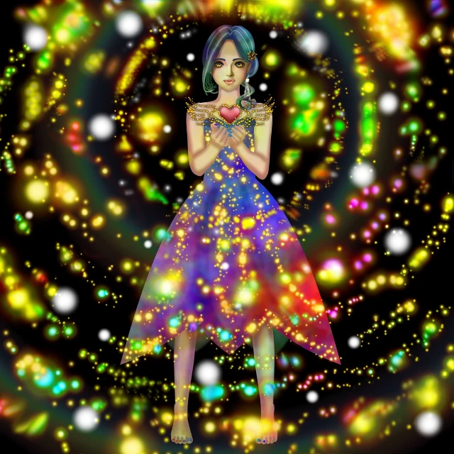 a digital painting of a woman in a dress, a hologram, pixiv contest winner, psychedelic art, fireflies!!!!, !!full body portrait!!, omori, twinkling and spiral nubela