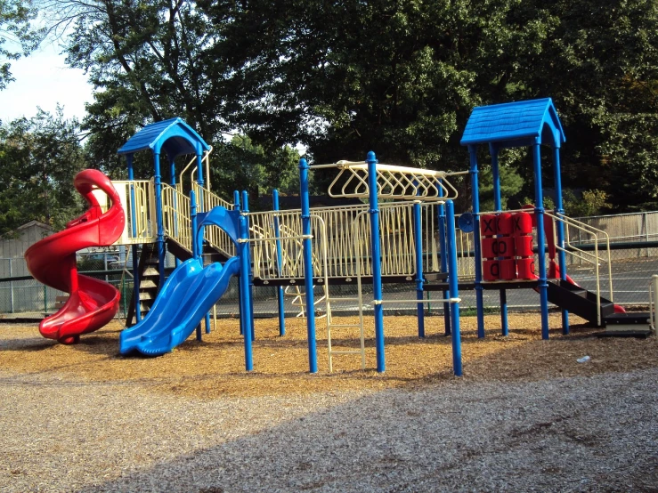 a playground with a blue slide and a red slide, american barbizon school, wallpaper!, shiny!!, tyler, organized composition!
