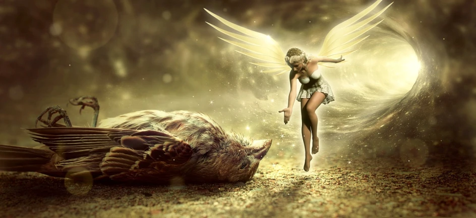 a woman flying through the air next to a dead bird, inspired by David LaChapelle, pixabay contest winner, fantasy art, “pig, angel protecting woman, stunning 3d render of a fairy, wallpaper - 1 0 2 4