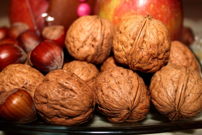 a plate of nuts and apples on a table, by Josef Navrátil, pexels, renaissance, 1024x1024, walnuts, closeup - view, big bang